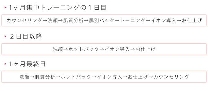 1ヶ月集中トレーニングの１日目：カウンセリング→洗顔→肌質分析→肌別パック→トーニング→イオン導入→お仕上げ；２日目以降：洗顔→ホットパック→イオン導入→お仕上げ；最終日：洗顔→肌質分析→ホットパック→イオン導入→お仕上げ→カウンセリング